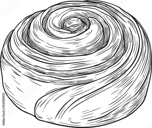 Detailed black and white sketch of a spiral cinnamon roll pastry. Vector illustration