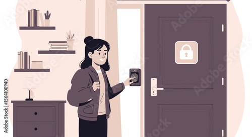 Woman Accessing Apartment With Fingerprint Scan Technology System Door Security