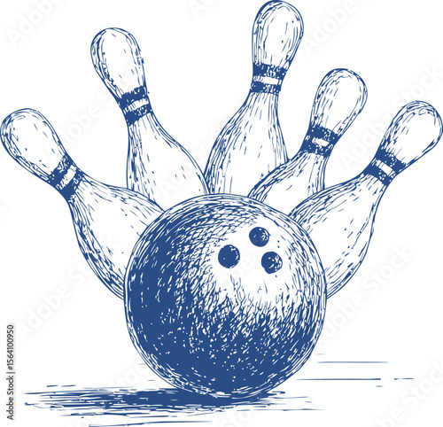 Blue sketch of bowling ball and pins in motion. Vector illustration