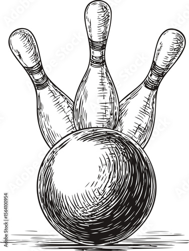 Hand-drawn bowling ball striking three pins in monochrome. Vector illustration in sketch style