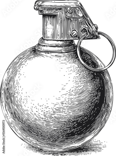 Detailed black and white drawing of a hand grenade sketch. Vector illustration