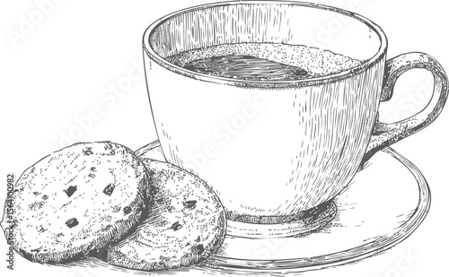 Intricate pen drawing of a coffee cup with chocolate chip cookies on a saucer. Vector illustration in sketch style