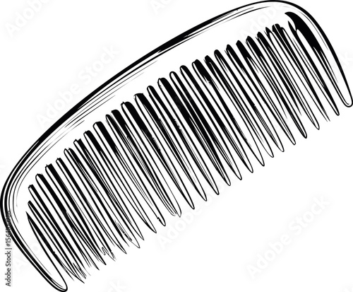 Black and white illustration of a classic comb with detailed teeth design. Vector illustration in sketch style