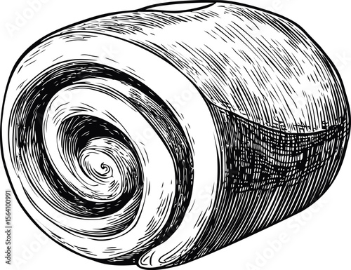Illustration of a detailed rolled cinnamon bun in black and white. Vector illustration in sketch style