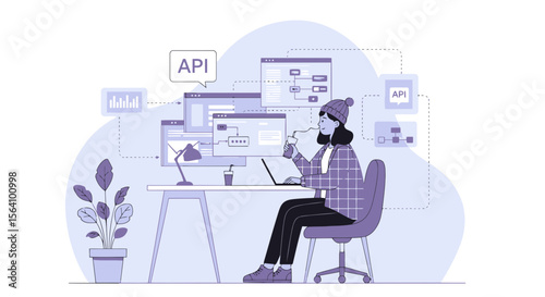 Woman Developer Working on Multiple Application Programming Interface Windows Illustration