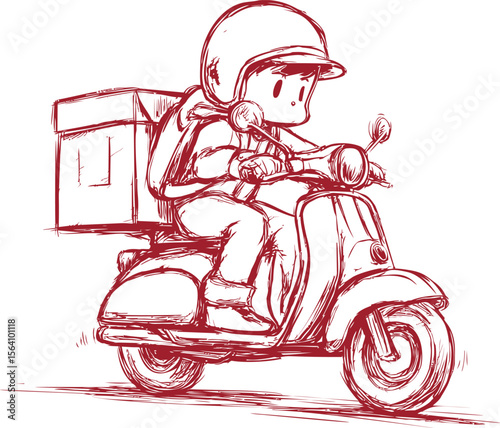 Cartoon delivery boy on a scooter with a box, sketch style. Vector illustration