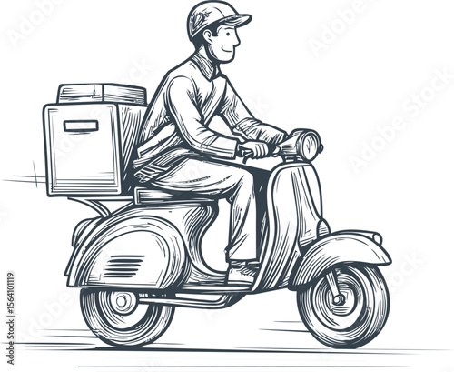 Illustration of a delivery person riding a vintage scooter with a package. Vector illustration in sketch style