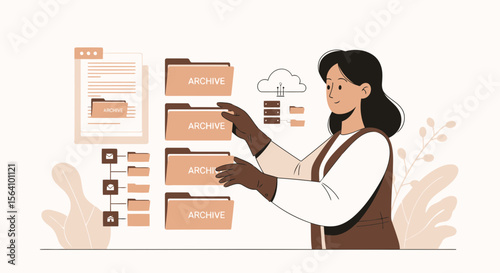 Woman Managing Archives And Information Online With Digital Folders System
