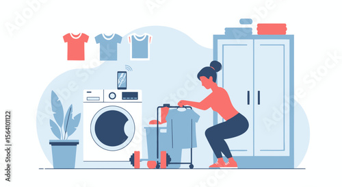 Woman Doing Squats While Doing Laundry With Smart Washing Machine And Fitness