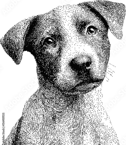 Pointillism illustration of a dog's face with curious expression, black and white. Vector illustration