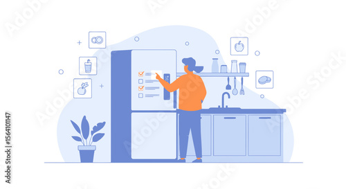 Woman Planning Meal With Smart Fridge App In Minimalist Kitchen Illustration
