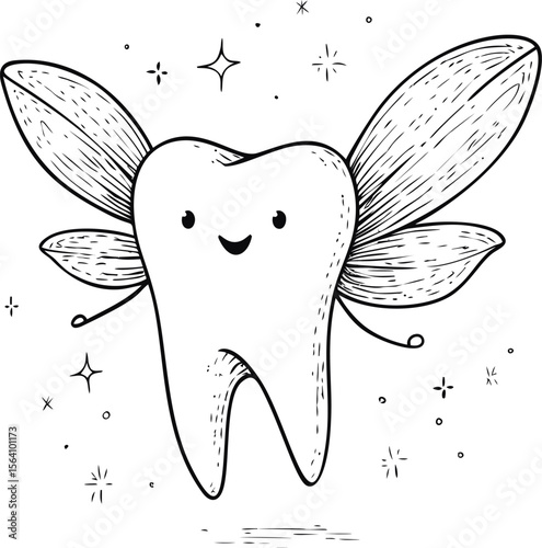 Happy tooth fairy with wings in black and white cartoon. Vector illustration in sketch style