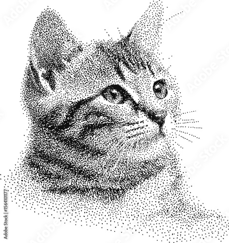 Pointillism illustration of a cat portrait in monochrome with intricate details. Vector illustration