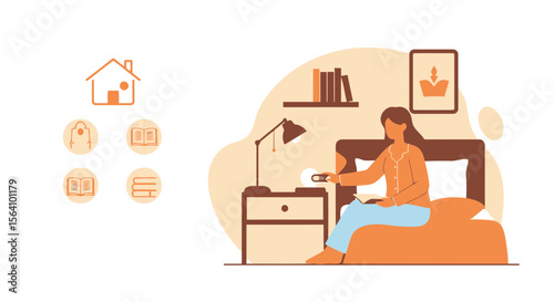 Woman Reading A Book In Bedroom With Cup Of Coffee Illustration