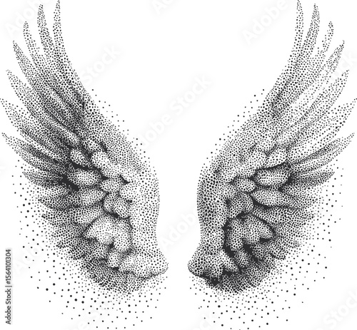 Monochrome dotwork illustration of symmetrical angel wings in black and white. Vector illustration