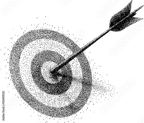 Black and white illustration of an arrow hitting a bullseye target, pointillism art. Vector illustration