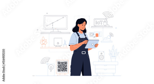 Woman Integrates Internet of Things Devices with Digital Tablet Concept