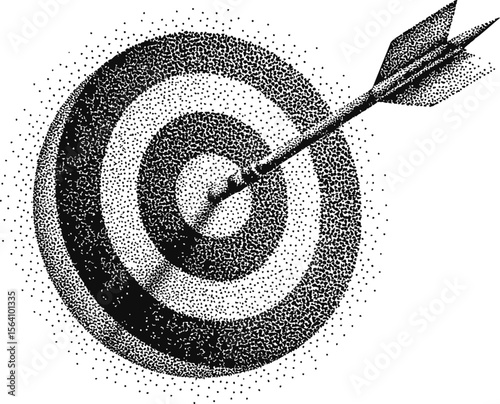 Black and white stipple drawing of an arrow hitting a bullseye target. Vector illustration