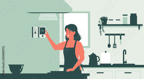 Woman Setting Smart Home Thermostat in Kitchen for Comfortable Living Space