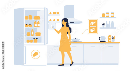 Woman Uses Smart Refrigerator With Interactive Display In Modern Kitchen Design