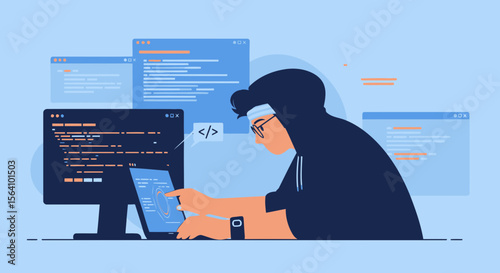 Young Coder Working On Computer Displaying Code and Interface Programming Concept