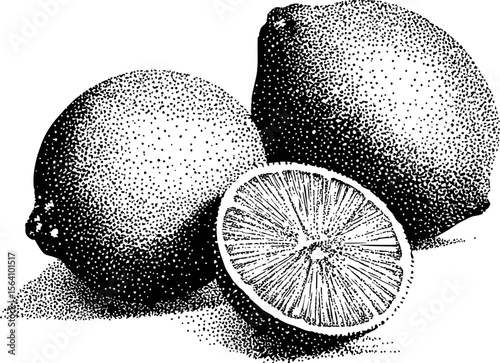 Black and white dotted illustration of whole and half lemons with texture. Vector illustration