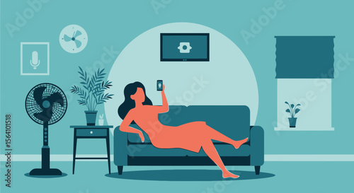 Woman Relaxes On Couch And Holds Smartphone In Cozy Room Using Technology