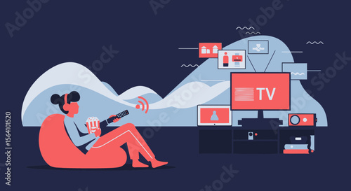 Woman Relaxing On Beanbag Enjoying Streaming Service On Multiple Devices