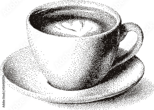 Detailed black and white dot art of coffee cup with latte art on saucer. Vector illustration