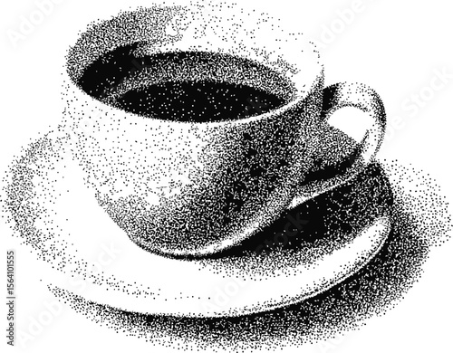 Pointillism illustration of a coffee cup with saucer in black and white. Vector illustration