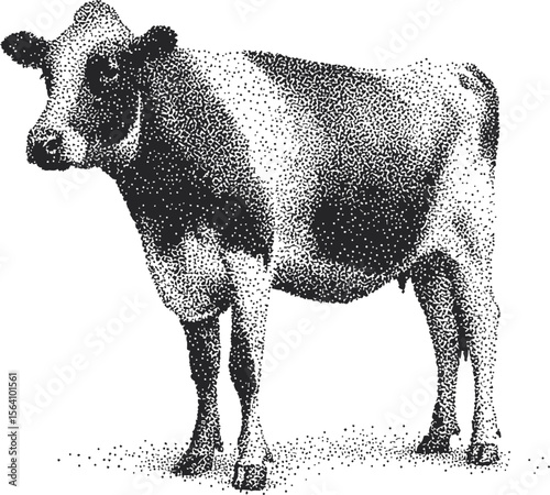 Pointillism illustration of a black and white cow in detailed artistic style. Vector illustration