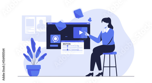Woman Working On Digital Media Project With Motion Graphics Interface