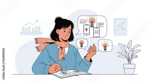 Woman Sketching Creative Ideas In Notebook With Digital Interface Mockups Concept