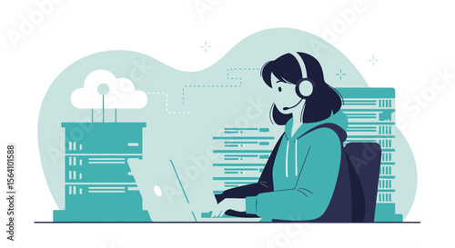 Woman Working On A Laptop In Front Of Cloud Computing System With Headset