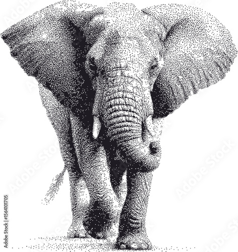 Pointillism illustration of a detailed elephant in black and white sketch. Vector illustration