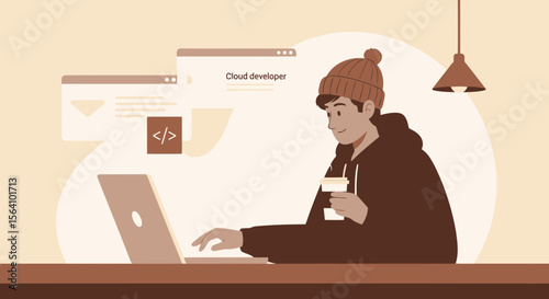 Young Cloud Developer Working Remotely With Laptop And Coffee Cup