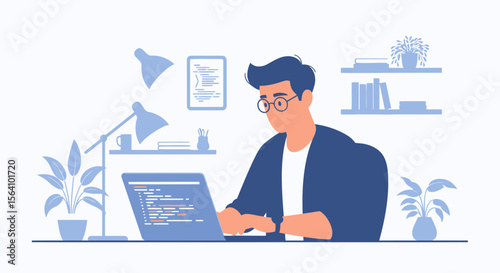 Young Developer Working on Laptop Writing Code in Home Office Illustration