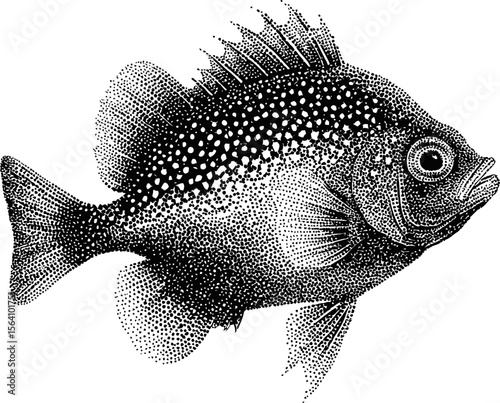 Detailed black and white pointillism illustration of a fish. Vector illustration