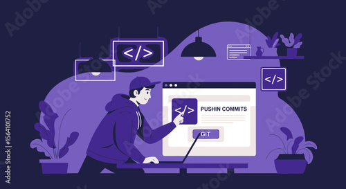 Young Programmer Pushing Commits With Code Design and Vector Illustration Style