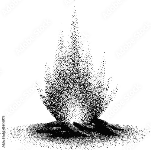 Abstract black and white dotted campfire illustration with minimalist design. Vector illustration