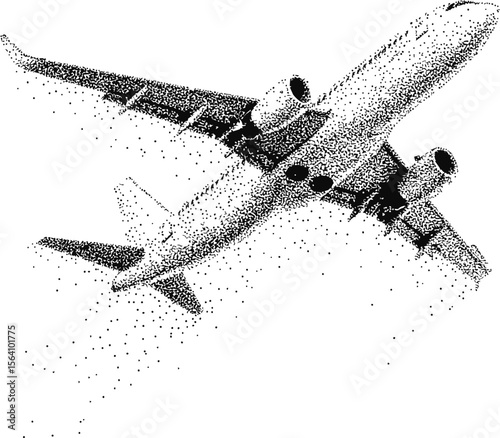 Airplane in detailed dotwork style with dynamic upward flight motion. Vector illustration