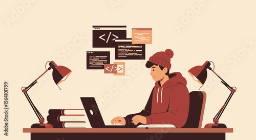 Young Programmer Working on Laptop with Code Snippets in Cozy Room Illustration