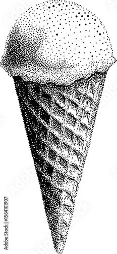 Black and white stipple art of ice cream cone with detailed waffle texture. Vector illustration