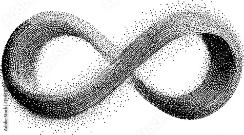 Infinity symbol made of scattered black dots, monochrome art. Vector illustration