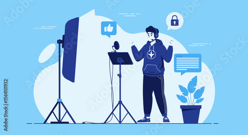 Young Vlogger Recording Content with Professional Studio Setup For Social Media Platform