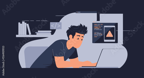 Young Man Working On Code With Laptop And Multiple Screens At Home