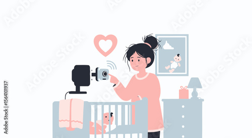 Young Mother Using A Baby Monitor Surveillance System In Nursery Room