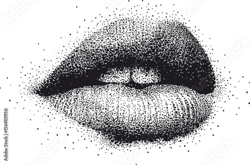 Monochrome dot art of lips in black and white pointillism. Vector illustration