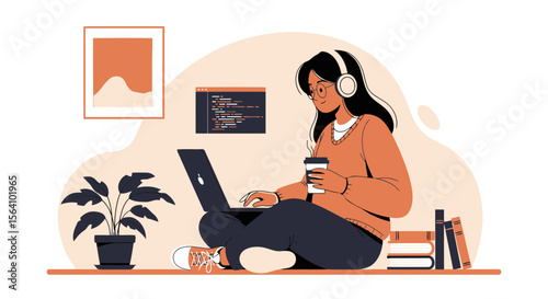 Young Woman Relaxing At Home With Laptop And Coffee For Remote Working