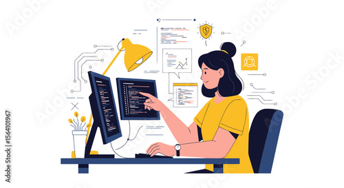 Young Woman Working As Programmer Coding On Computer With Dual Monitor Setup